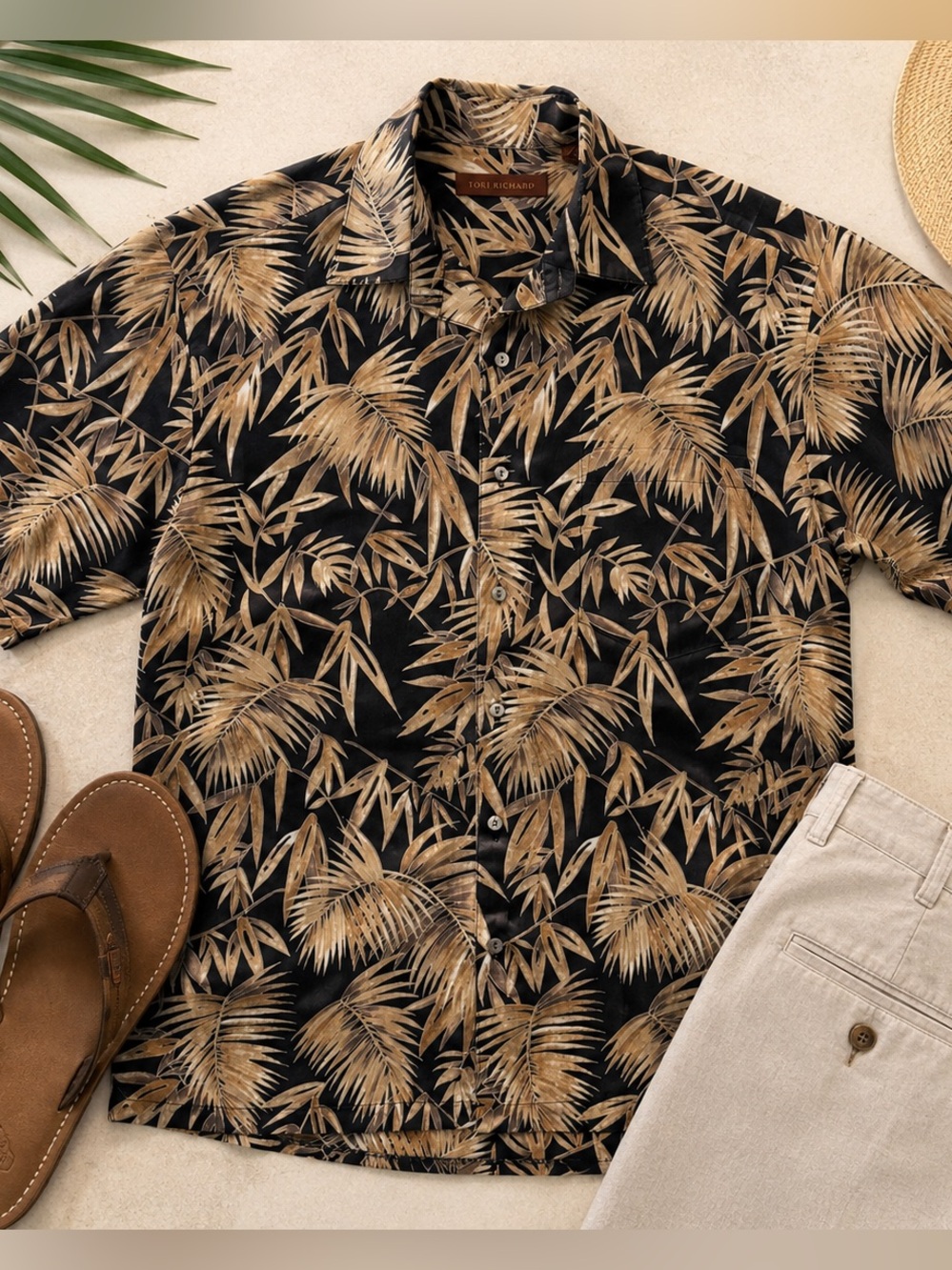Tori Richard Black Short-Sleeve Shirt with Tan Palm Print